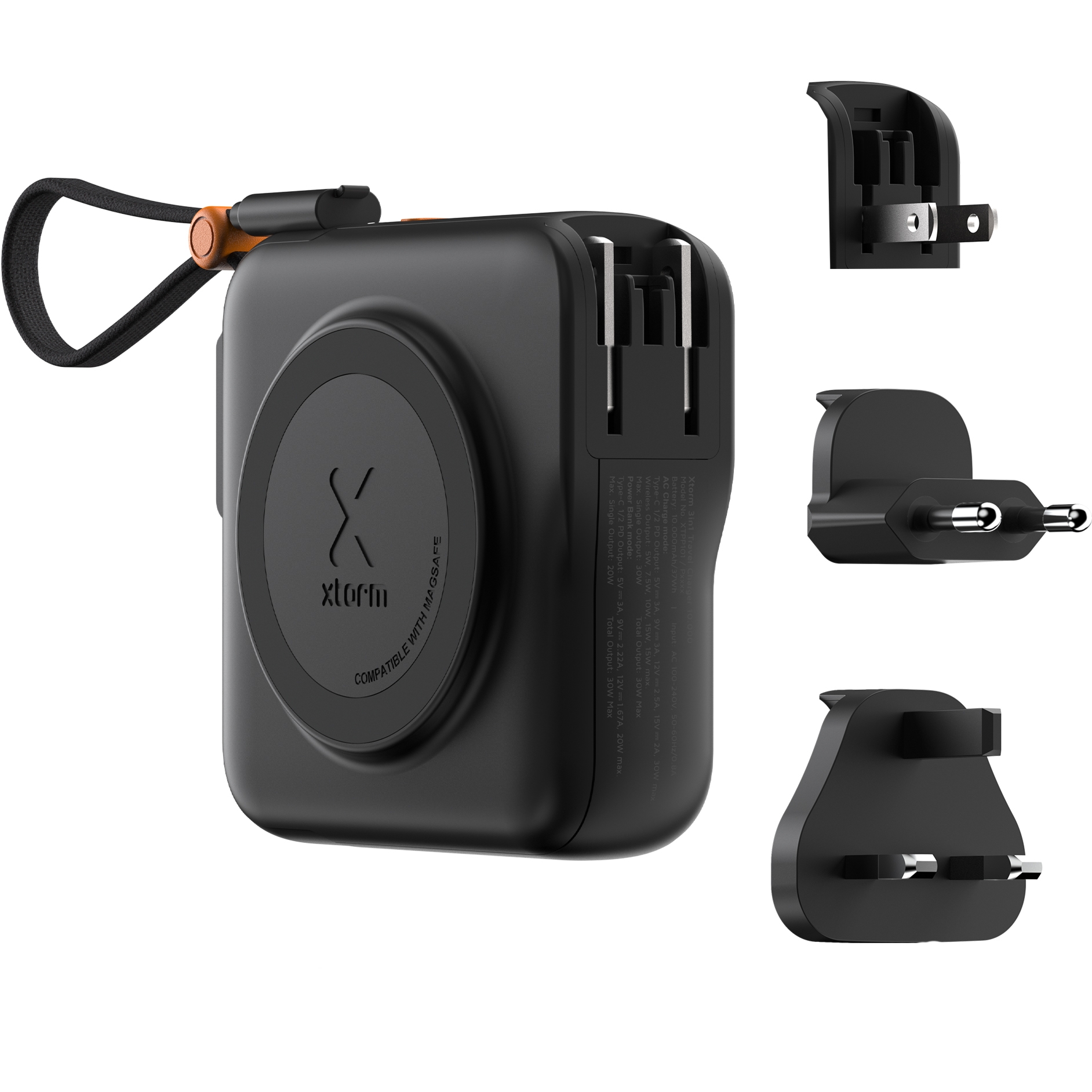 Ładowarka sieciowa + powerbank indukcyjny, podróżna z adapterami UK / US / EU do MagSafe, Xtorm Travel Charger, 10000 mAh USB-C PD USB-A, 30W, szara