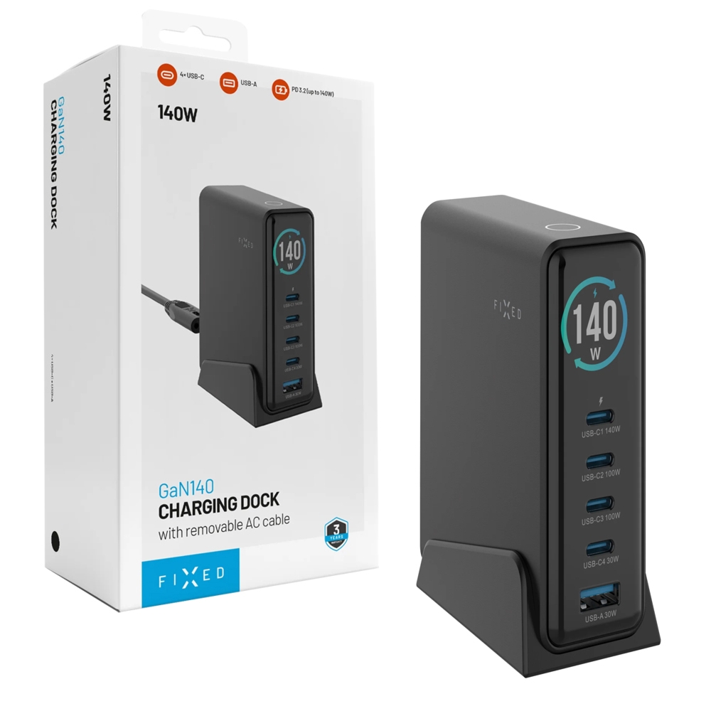 Stacja ładująca GaN z wyświetlaczem 140W, ładowarka biurkowa 4x USB-C / 1x USB-A, Fixed GaN140 Charging Dock, czarna
