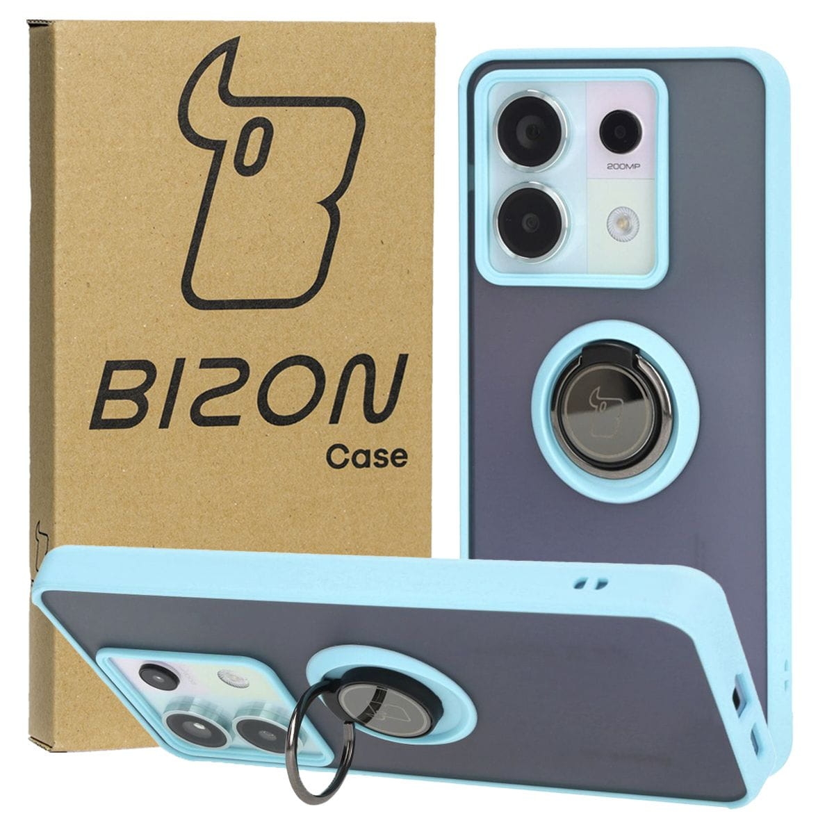 Image of Etui z uchwytem na palec Bizon Case Hybrid Ring do Xiaomi Poco X6 / Xiaomi Redmi Note 13 Pro 5G, przydymione z jasnoniebieską ramką