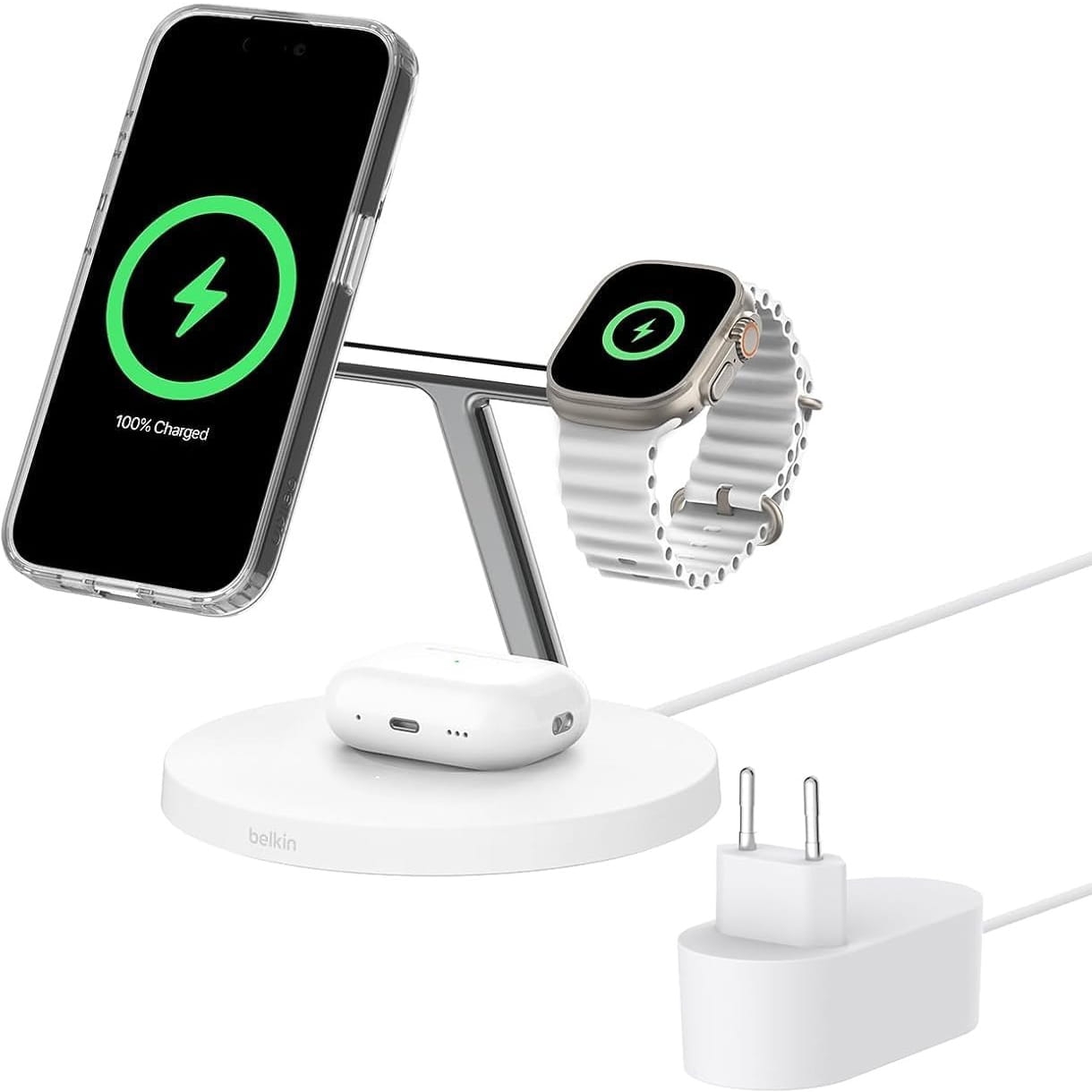 Image of Ładowarka indukcyjna Belkin Boost Pro 3-in-1 Qi2 15W dla Apple Watch / AirPods / iPhone z MagSafe +PSU WIZ032, biała