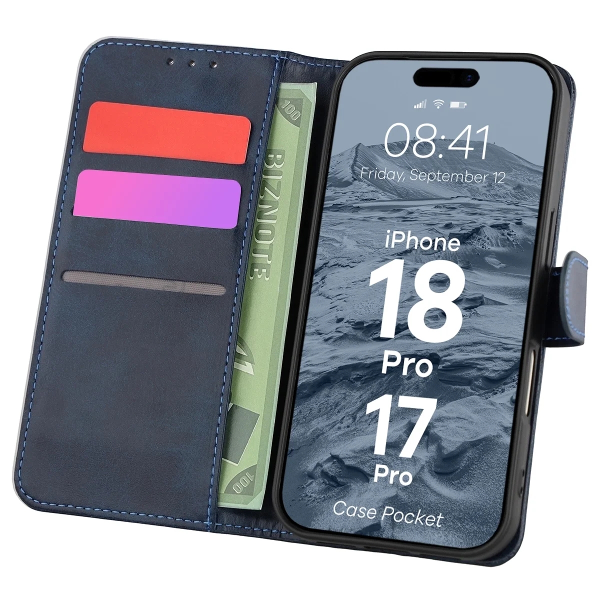 Etui z klapką Bizon Case Pocket do iPhone 18 Pro / 17 Pro, granatowe