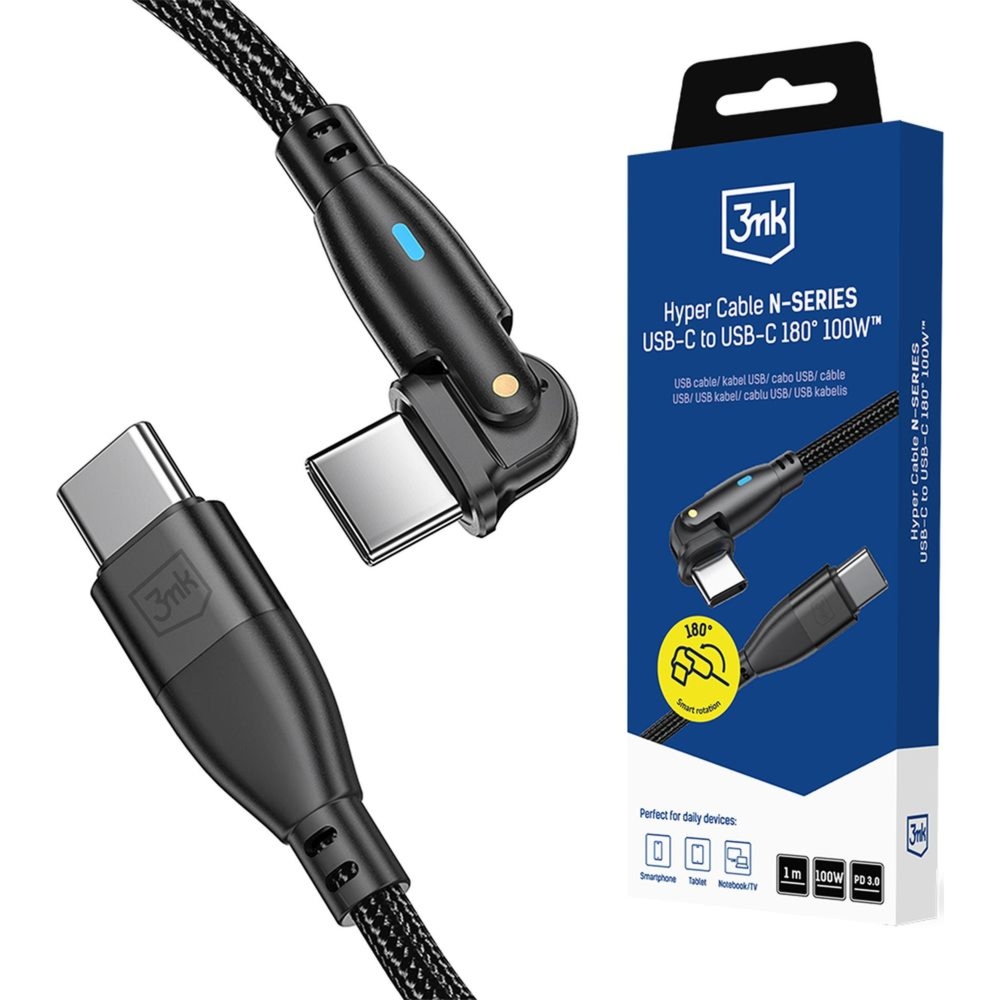 Kabel nylonowy z obrotową końcówką 3mk Hyper Cable USB-C do USB-C, 100W, PD, QC, 1 m, czarny