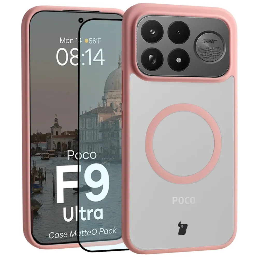 Etui z pierścieniem magnetycznym + szkło hartowane Bizon MatteO Pack do Xiaomi POCO F9 Ultra, przydymione-jasnoróżowe