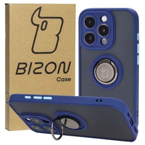 Image of Etui z uchwytem na palec Bizon Case Hybrid Ring do iPhone 15 Pro, przydymione z granatową ramką