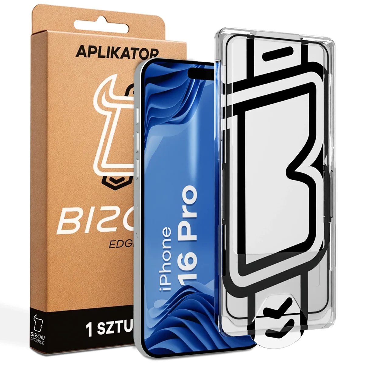 Szkło hartowane z ramką aplikacyjną Bizon Glass Aplikator Edge do iPhone 16 Pro, 1 zestaw