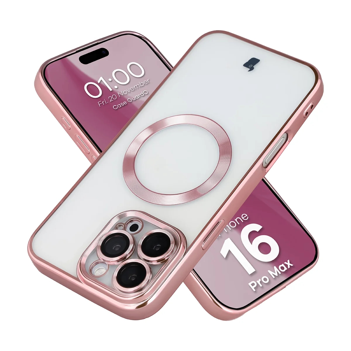Etui z ochroną aparatu i pierścieniem magnetycznym Bizon Case GuardO do iPhone 16 Pro Max, przezroczysto-różowe