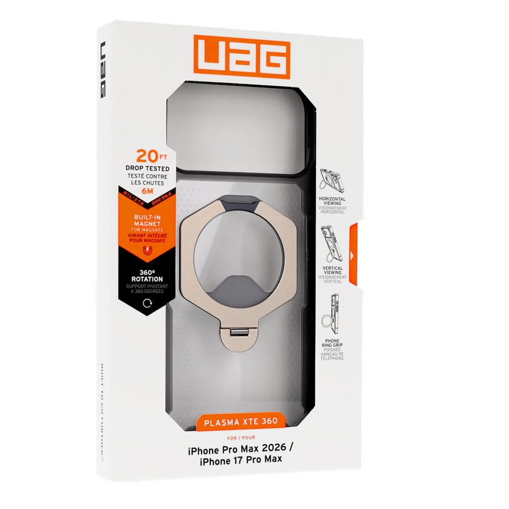 Etui pancerne z ringiem UAG Plasma XTE 360 do MagSafe do iPhone 18 Pro Max / 17 Pro Max, przezroczysto-szare z tytanowym elementem
