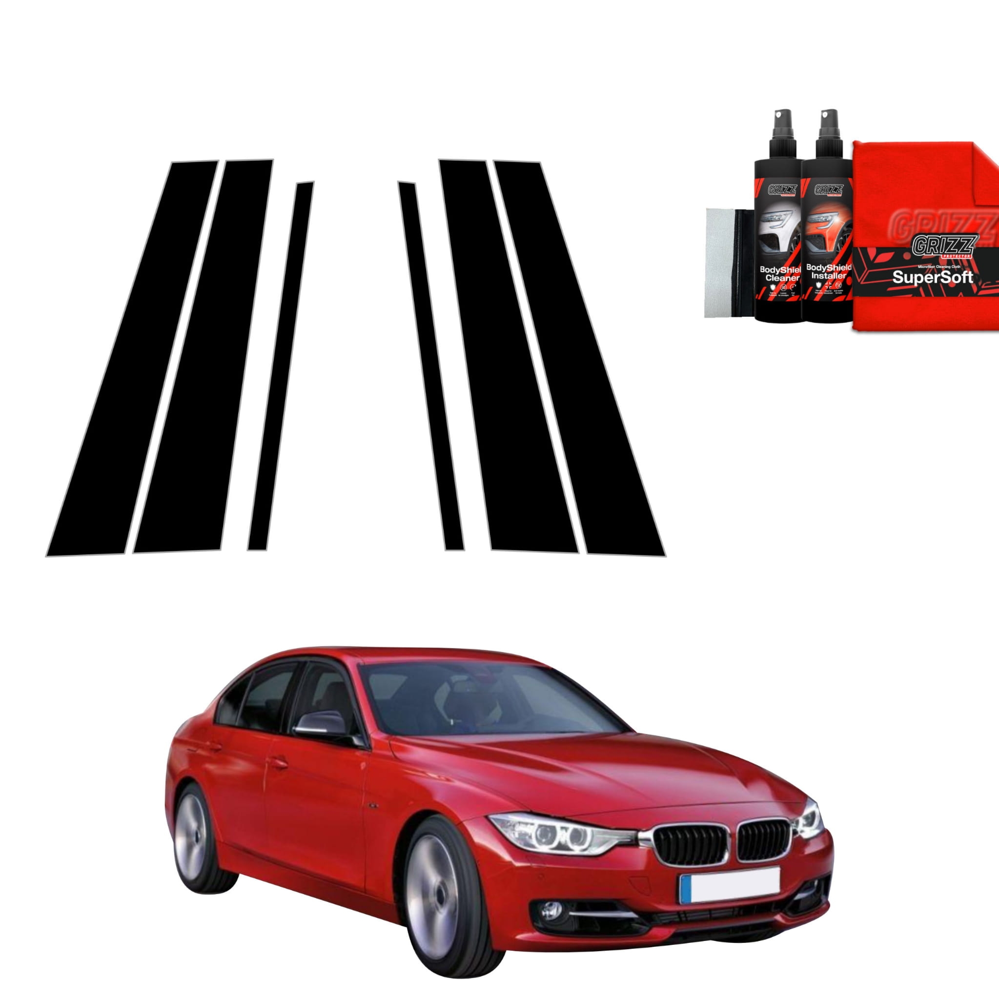 6w1 Czarna folia Grizz Protector na słupki do BMW 3 F30 Sedan Pre-LCI (2011-2015)