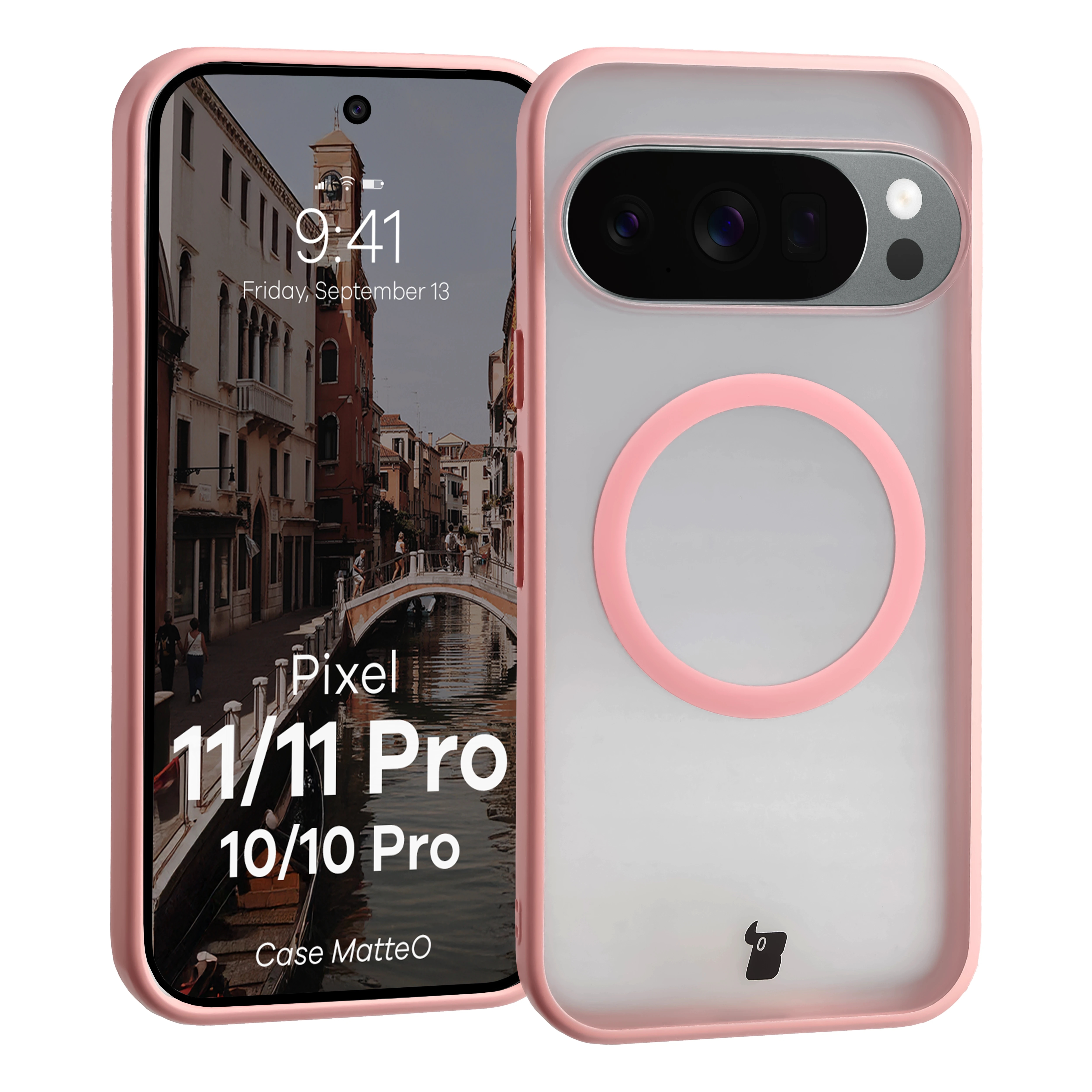 Etui z pierścieniem magnetycznym Bizon Case MatteO do Google Pixel 11 / 11 Pro / 10 / 10 Pro, przydymione-jasnoróżowe