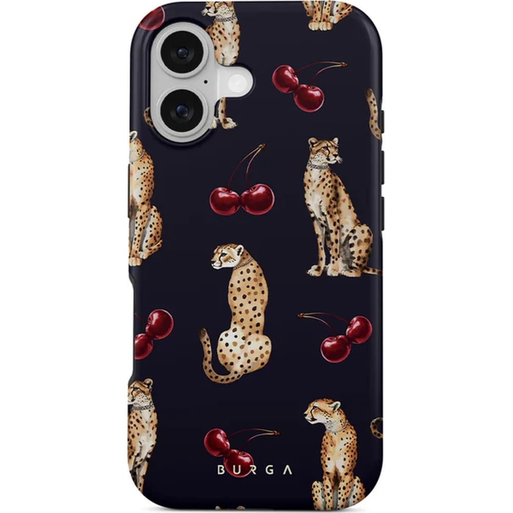Etui Burga Cougar Tough Magnetic do iPhone 17, granatowe z wiśniami i gepardem