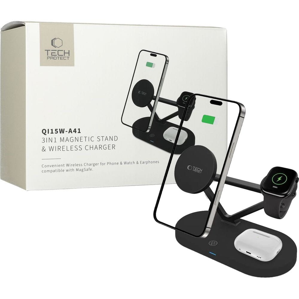 Image of Ładowarka indukcyjna Tech-Protect Qi15W A41 3w1 Magnetic Stand and Wireless Charger do MagSafe, Qi, czarna