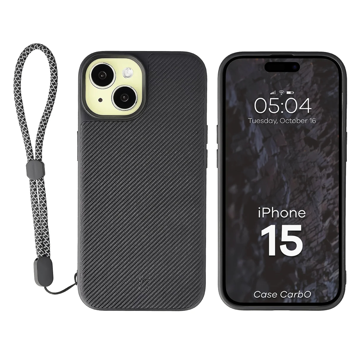 Etui ze smyczką na nadgarstek i pierścieniem magnetycznym Bizon Case CarbO do iPhone 15, czarne