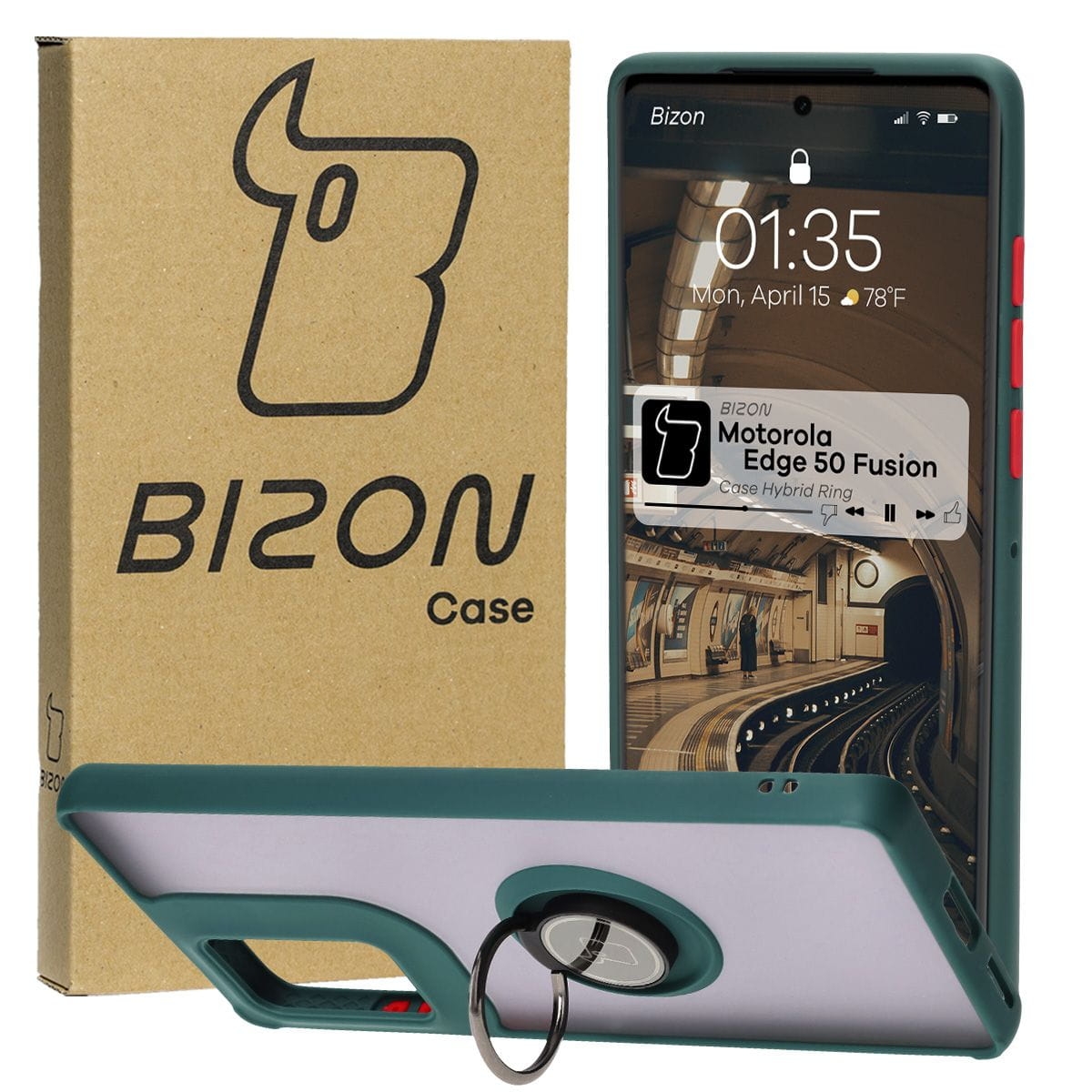 Image of Etui z uchwytem na palec Bizon Case Hybrid Ring do Motorola Edge 50 Fusion, przydymione z ciemnozieloną ramką