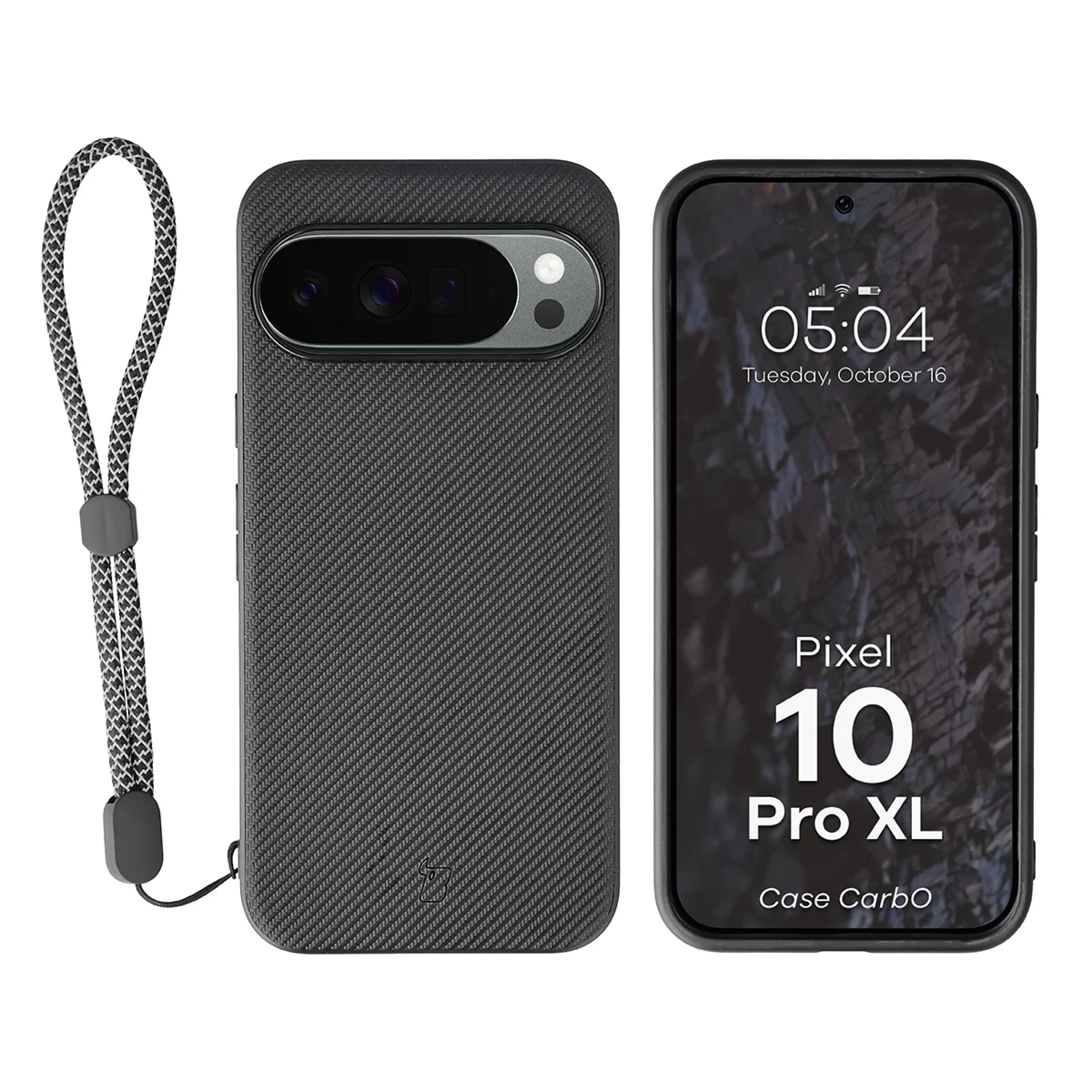 Etui ze smyczką na nadgarstek i pierścieniem magnetycznym Bizon Case CarbO do Google Pixel 10 Pro XL, czarne