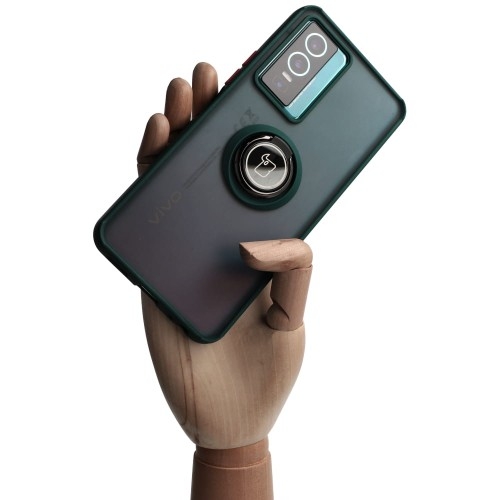 Image of Etui z uchwytem na palec Bizon Case Hybrid Ring do Vivo Y76 5G, przydymione z ciemnozieloną ramką