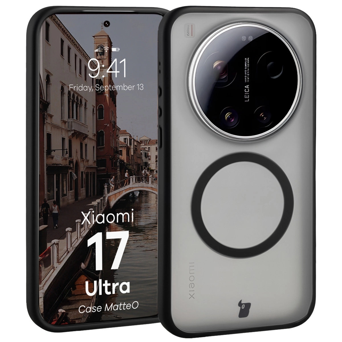 Etui z pierścieniem magnetycznym Bizon Case MatteO do Xiaomi 17 Ultra, przydymione-czarne