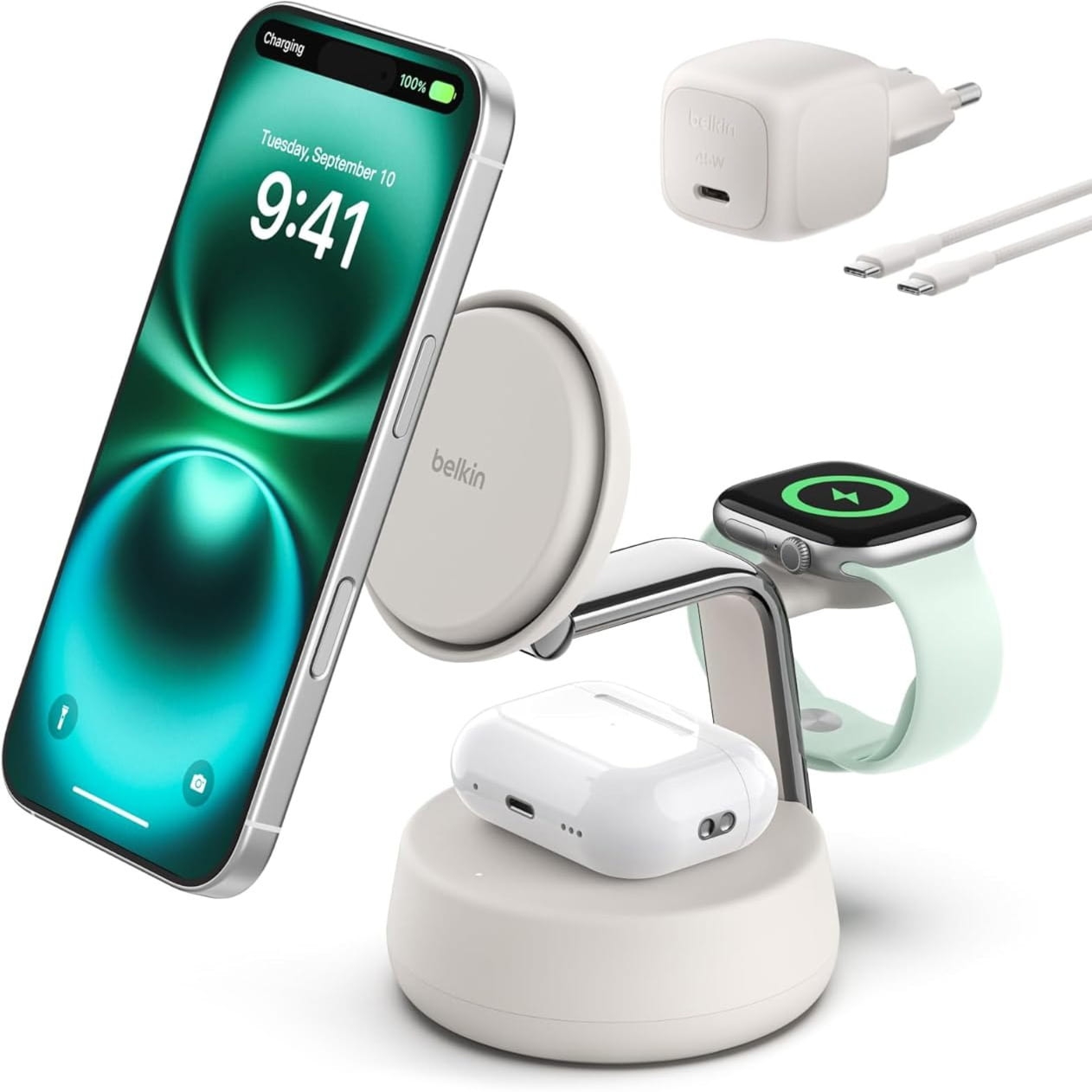 Ładowarka indukcyjna Belkin Ultra Charge Pro 3-in-1 Qi2.2 25W dla Apple Watch / AirPods / iPhone z MagSafe +PSU WIZ040, beżowa