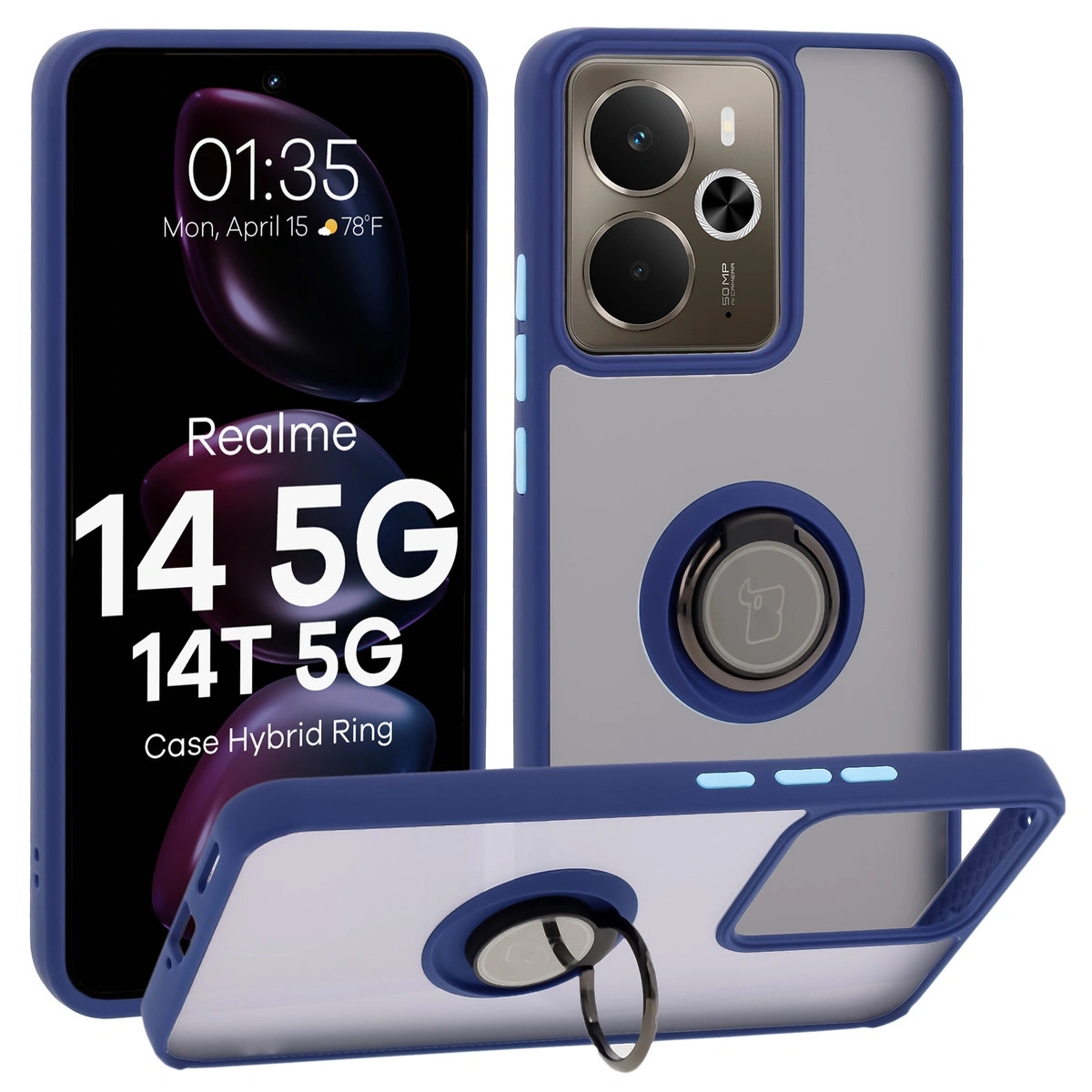 Image of Etui z uchwytem na palec Bizon Case Hybrid Ring do Realme 14 5G / 14T 5G, przydymione z granatową ramką