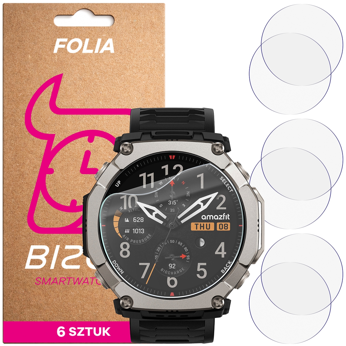 Folia ochronna na ekran zegarka Bizon Watch Film HydroFlex do Amazfit T-Rex Ultra 2, 6 sztuk