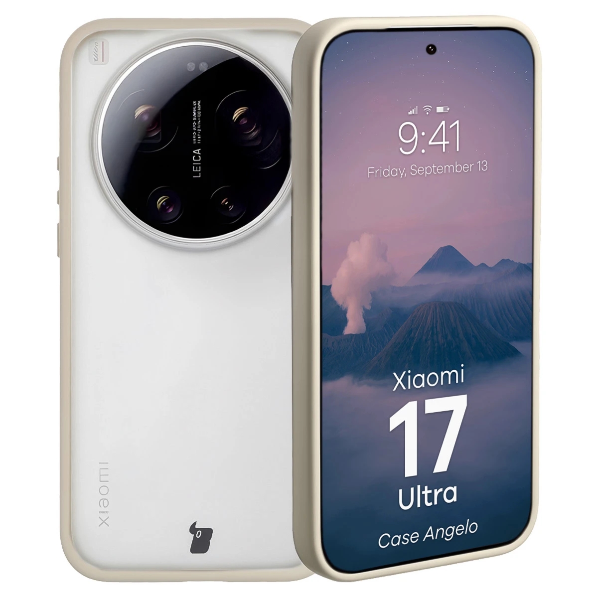 Etui Bizon Case Angelo do Xiaomi 17 Ultra, półprzezroczyste z beżową ramką