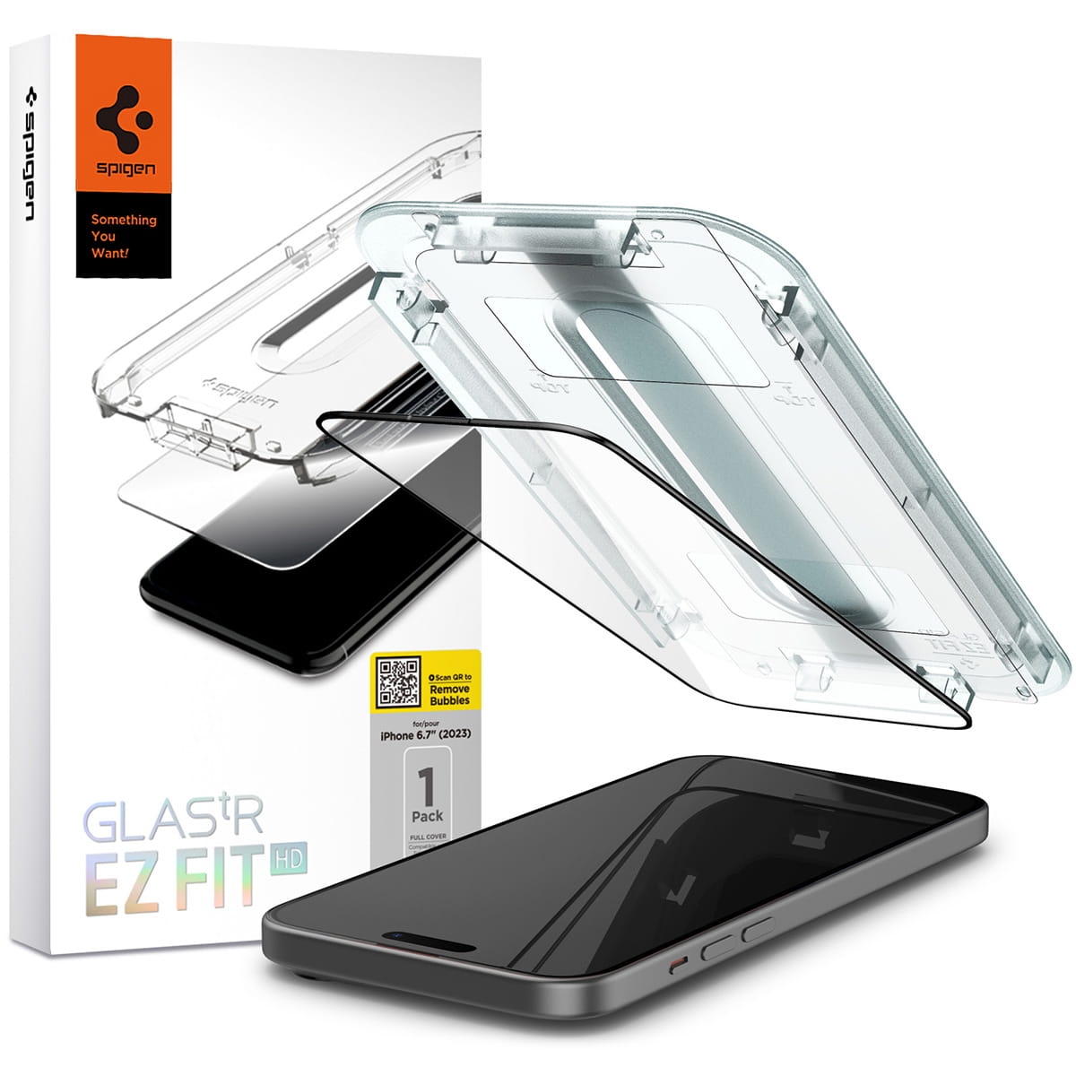 Image of Szkło do etui + Aplikator Spigen Glas.tR EZ Fit FC 1-Pack do iPhone 15 Plus, z czarną ramką
