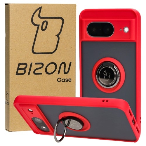 Image of Etui z uchwytem na palec Bizon Case Hybrid Ring do Google Pixel 8, przydymione z czerwoną ramką