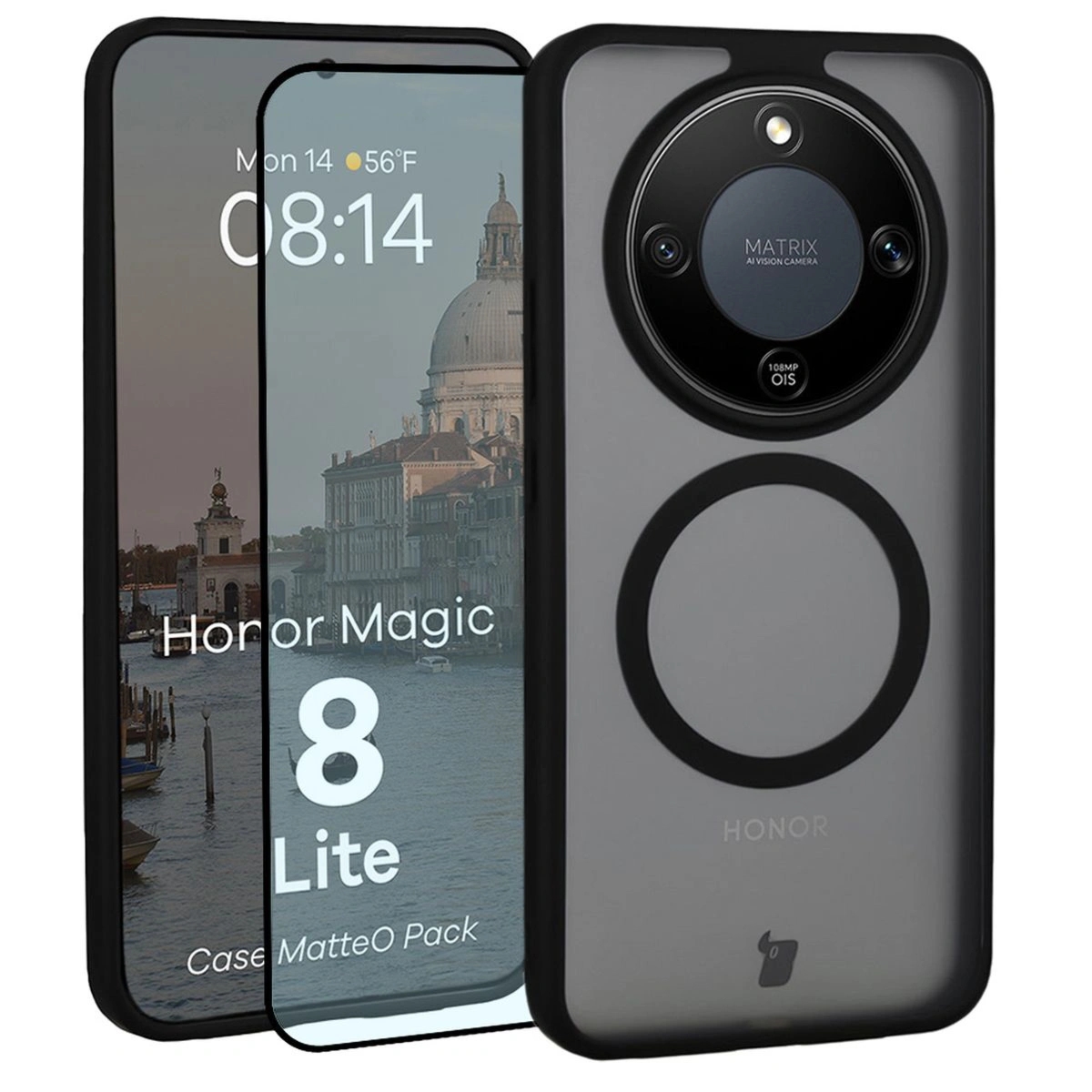 Etui z pierścieniem magnetycznym + szkło hartowane Bizon MatteO Pack do Honor Magic8 Lite, przydymione-czarne