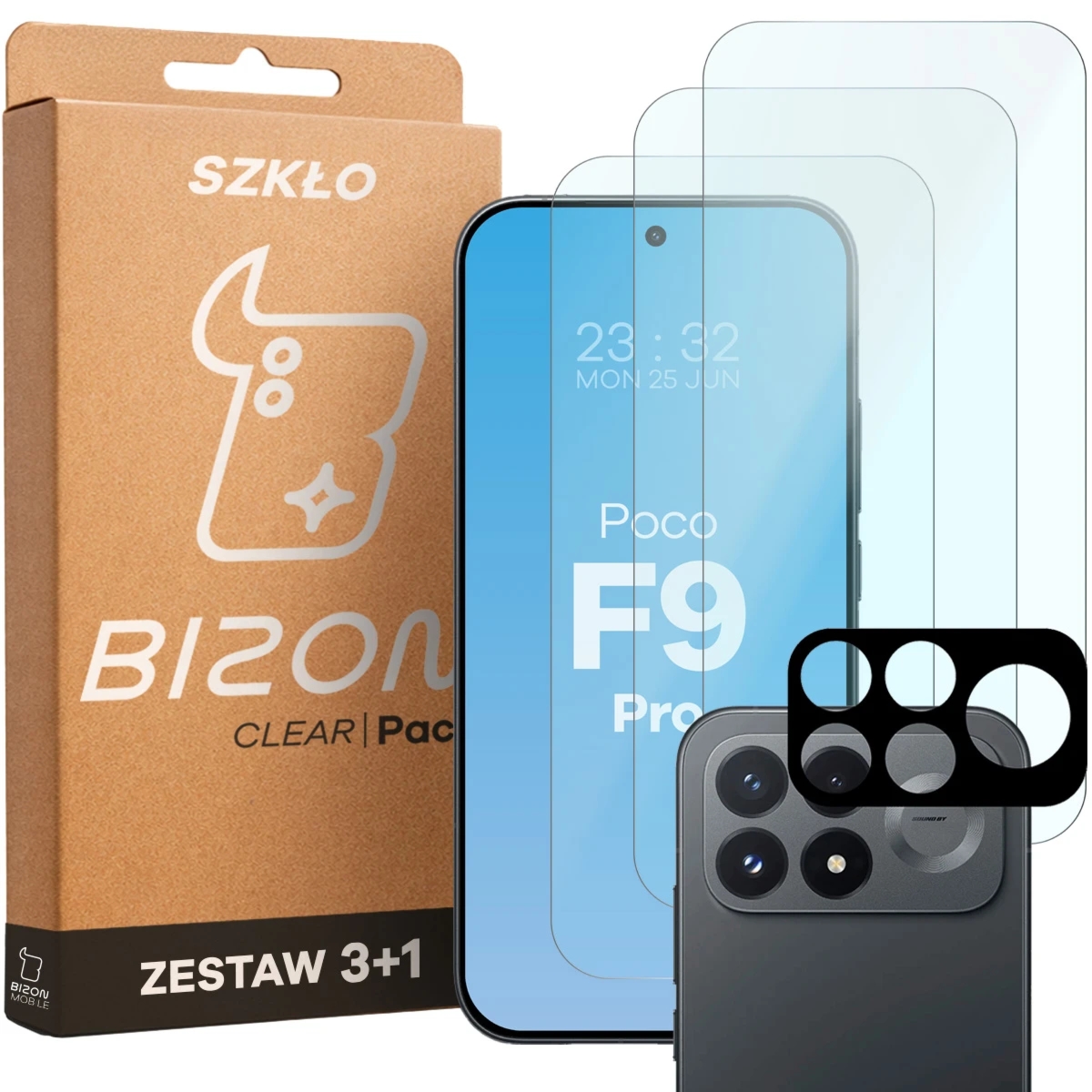 3x Szkło hartowane + szybka na aparat Bizon Glass Clear Pack do Xiaomi POCO F9 Pro
