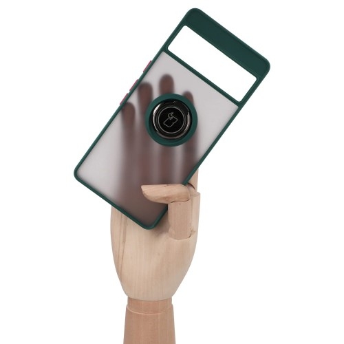 Image of Etui z uchwytem na palec Bizon Case Hybrid Ring do Google Pixel 7 Pro, przydymione z ciemnozieloną ramką