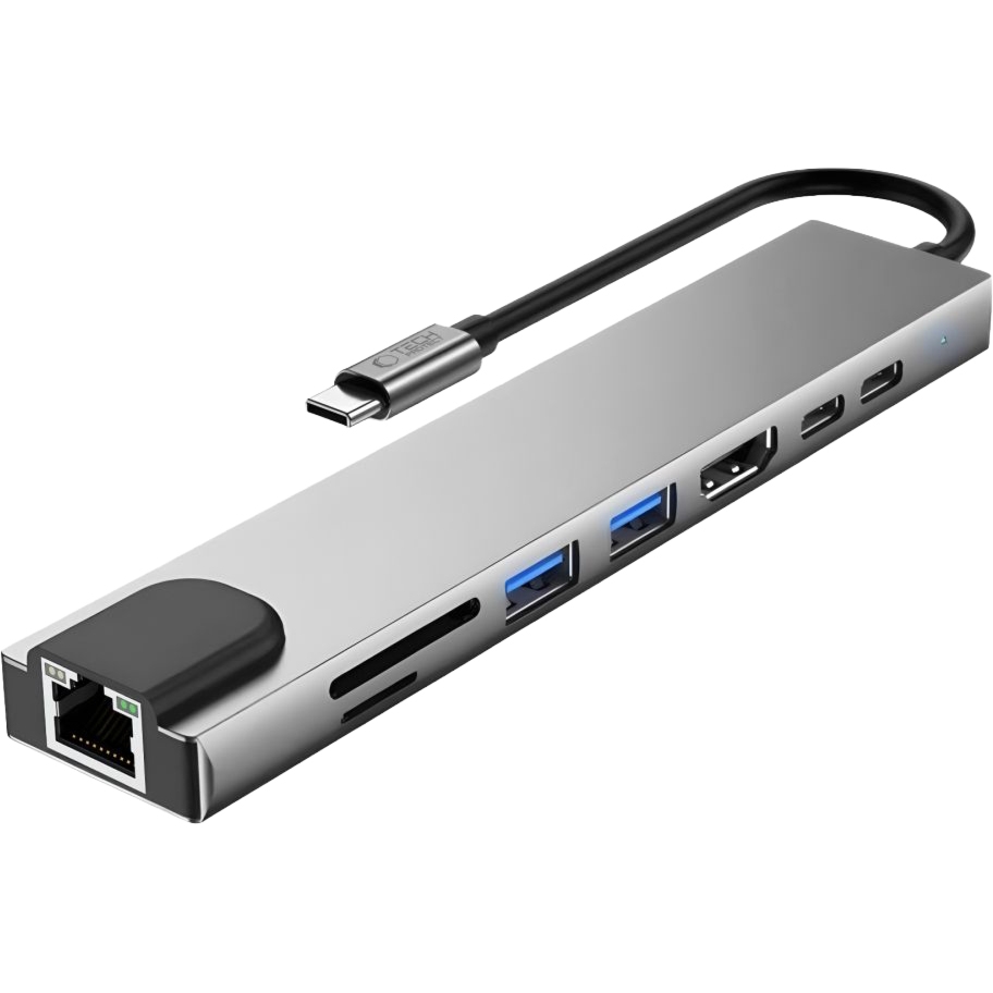 Hub, adapter Tech-Protect HB09, USB-C 100W PD, USB-C 3.0, 2x USB-A 3.0, HDMI 4K/60Hz, RJ45, SD / TF, szary