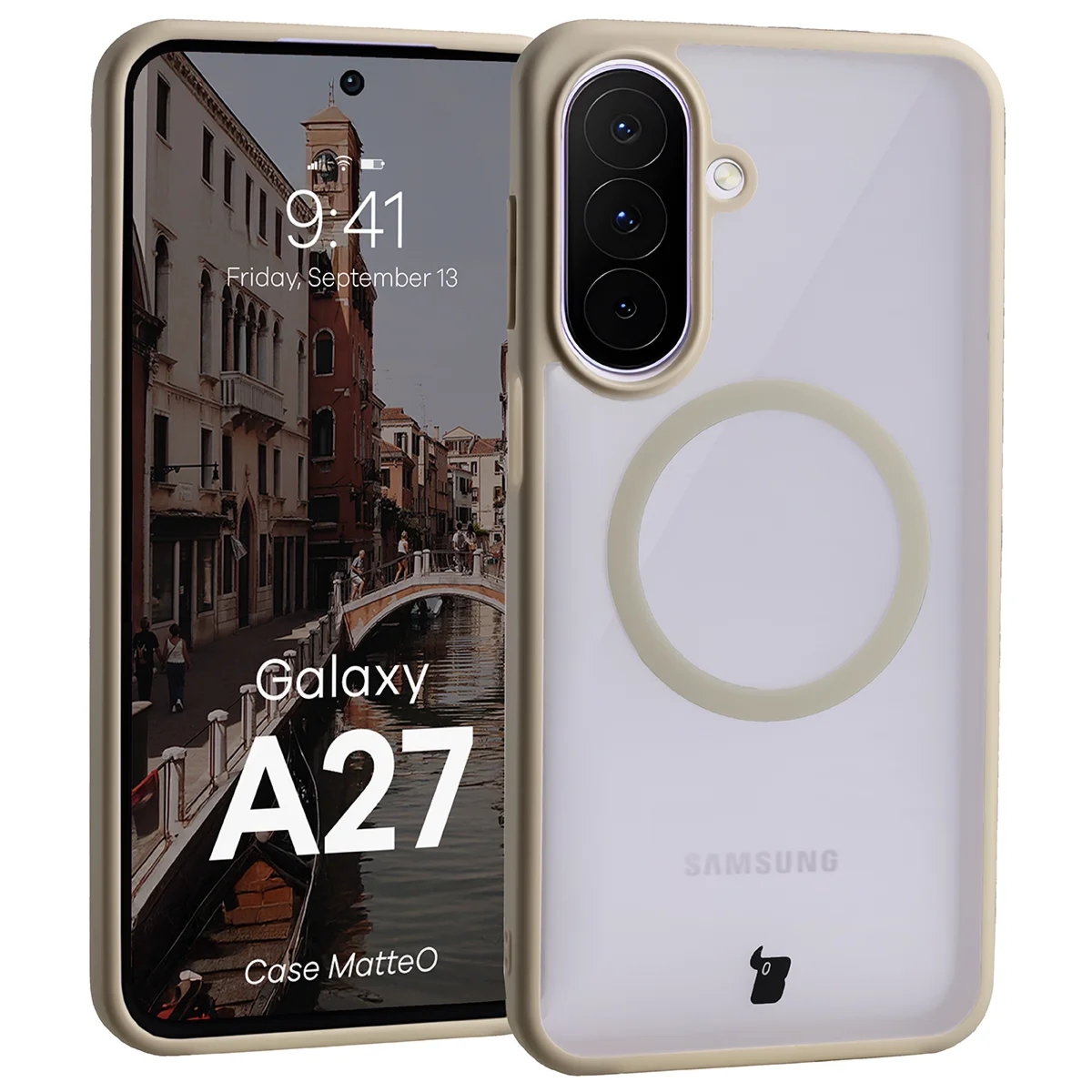 Etui z pierścieniem magnetycznym Bizon Case MatteO do Galaxy A27 5G, przydymione-beżowe