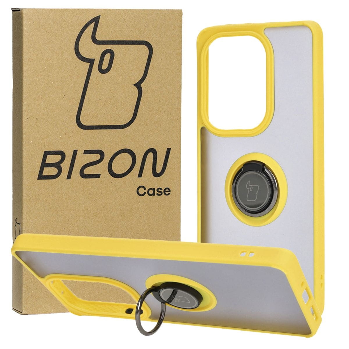 Image of Etui z uchwytem na palec Bizon Case Hybrid Ring do Xiaomi Poco M6 Pro 4G / Xiaomi Redmi Note 13 Pro 4G, przydymione z żółtą ramką