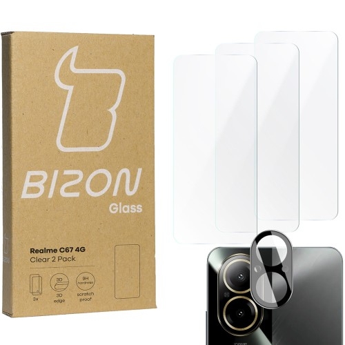 Image of 3x Szkło + szybka na aparat BIZON Clear 2 Pack do Realme C67 4G