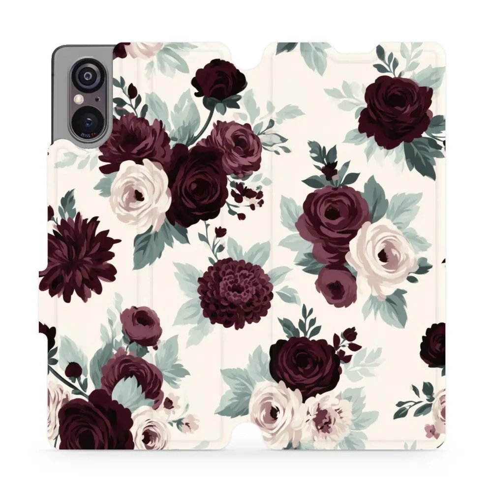 Etui z klapką do Sony Xperia 5 V, Mobiwear Book, róże z szałwią na kremie