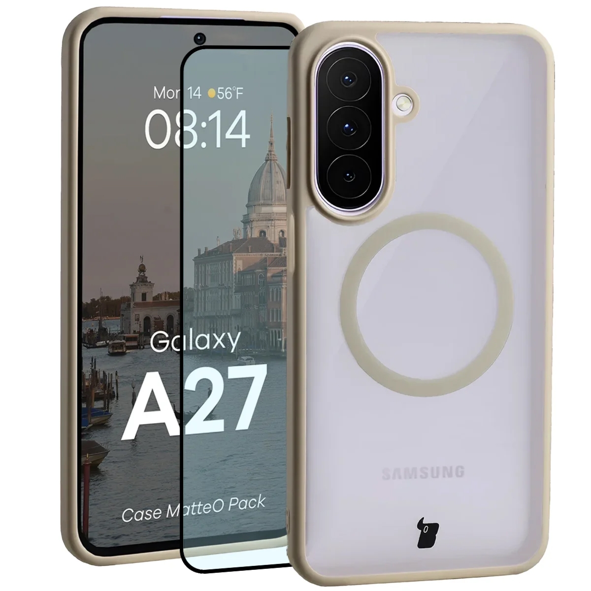 Etui z pierścieniem magnetycznym + szkło hartowane Bizon MatteO Pack do Galaxy A27 5G, przydymione-beżowe