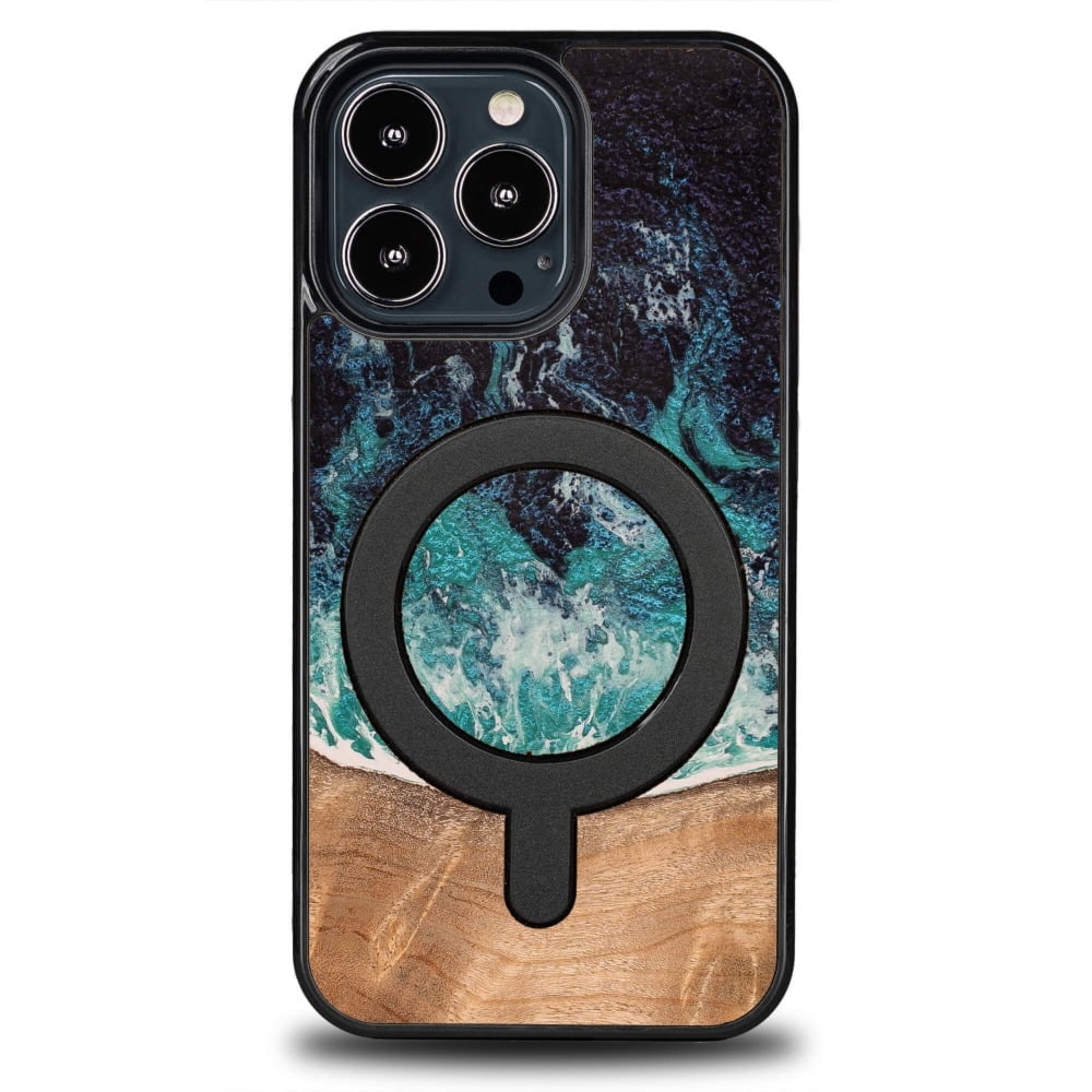 Drewniane etui do iPhone 13 Pro, Bewood Unique Dream Island do MagSafe, niebiesko-brązowe