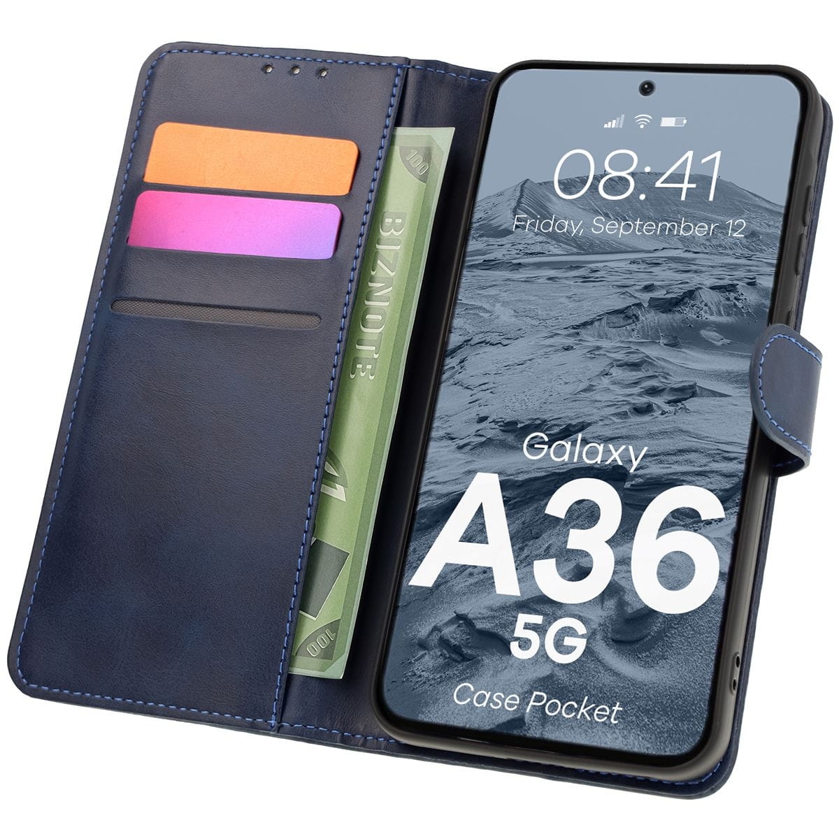 Image of Etui z klapką Bizon Case Pocket do Galaxy A36 5G, granatowe