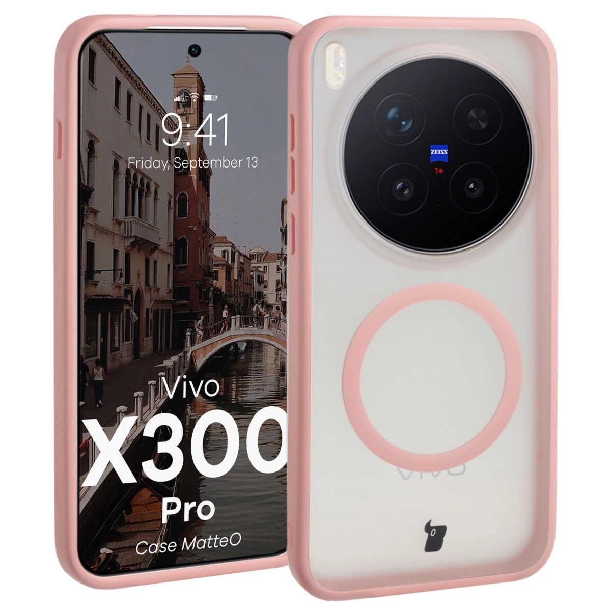 Etui z pierścieniem magnetycznym Bizon Case MatteO do Vivo X300 Pro, przydymione-jasnoróżowe