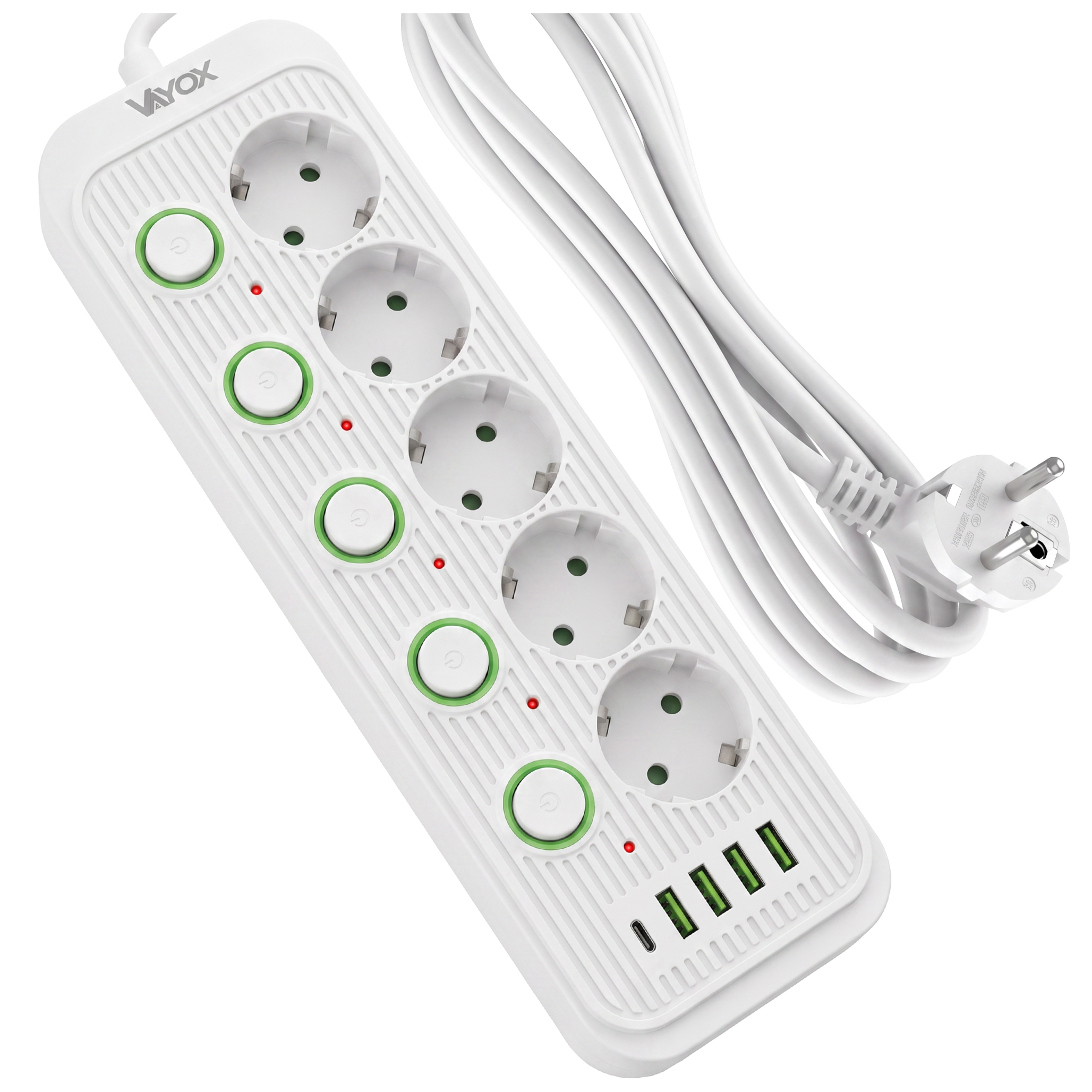 Listwa zasilająca/przedłużacz Vayox VA0473W-5, 5x gniazdo sieciowe Schuko, 1x USB-C, 4x USB-A, wraz z kablem 5m, biała