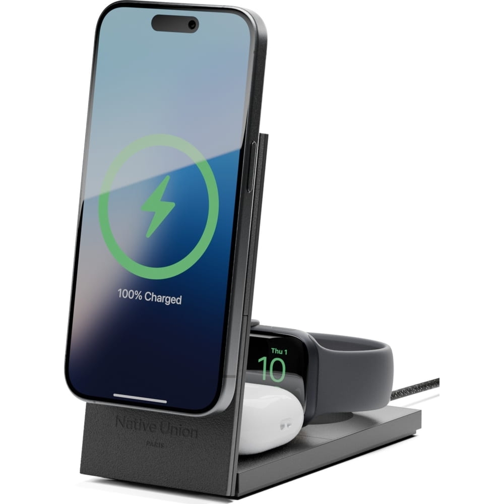 Ładowarka bezprzewodowa 3w1 Qi2 / MagSafe 15W, Native Union Rise z adapterem EU / UK, czarna