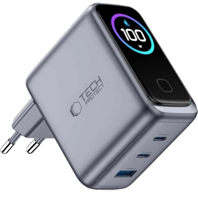 Ładowarka sieciowa 3-portowa GaN 100W Tech-Protect PowerVision NC100W-GaN, USB-C / USB-A, ciemnoszara