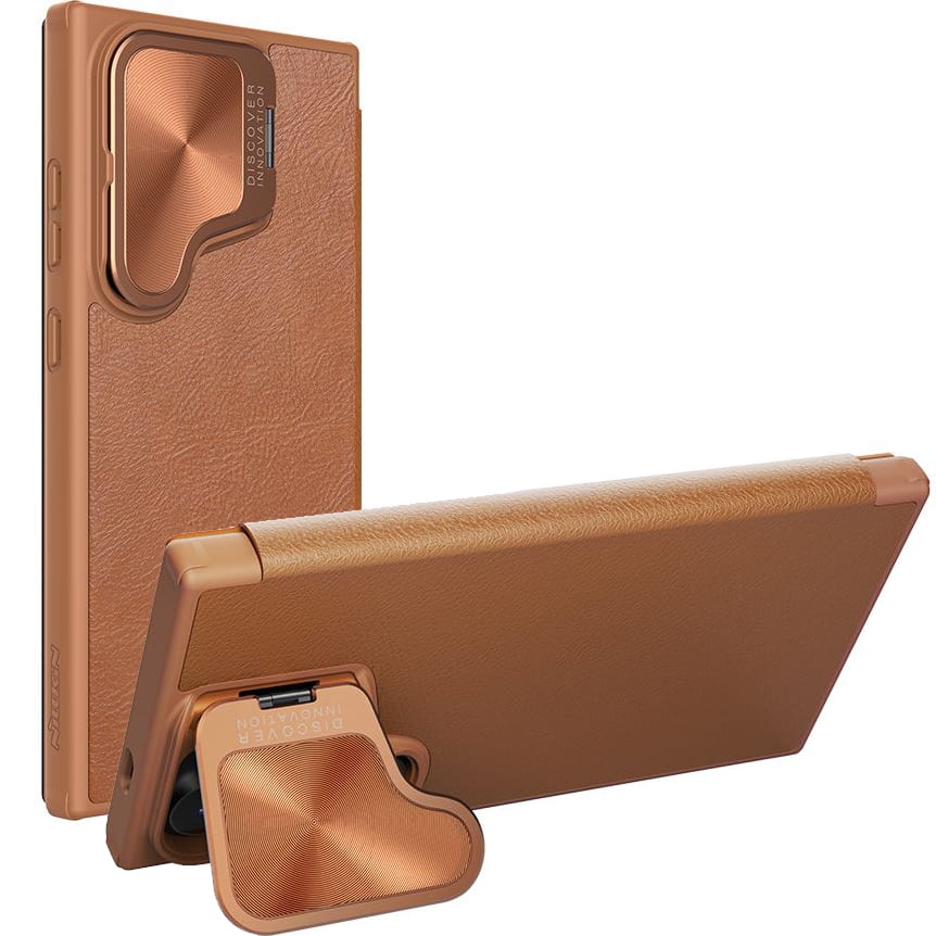 Image of OUTLET: Etui z klapką i ochroną aparatu Nillkin Qin Prop do Galaxy S24 Ultra, brązowe