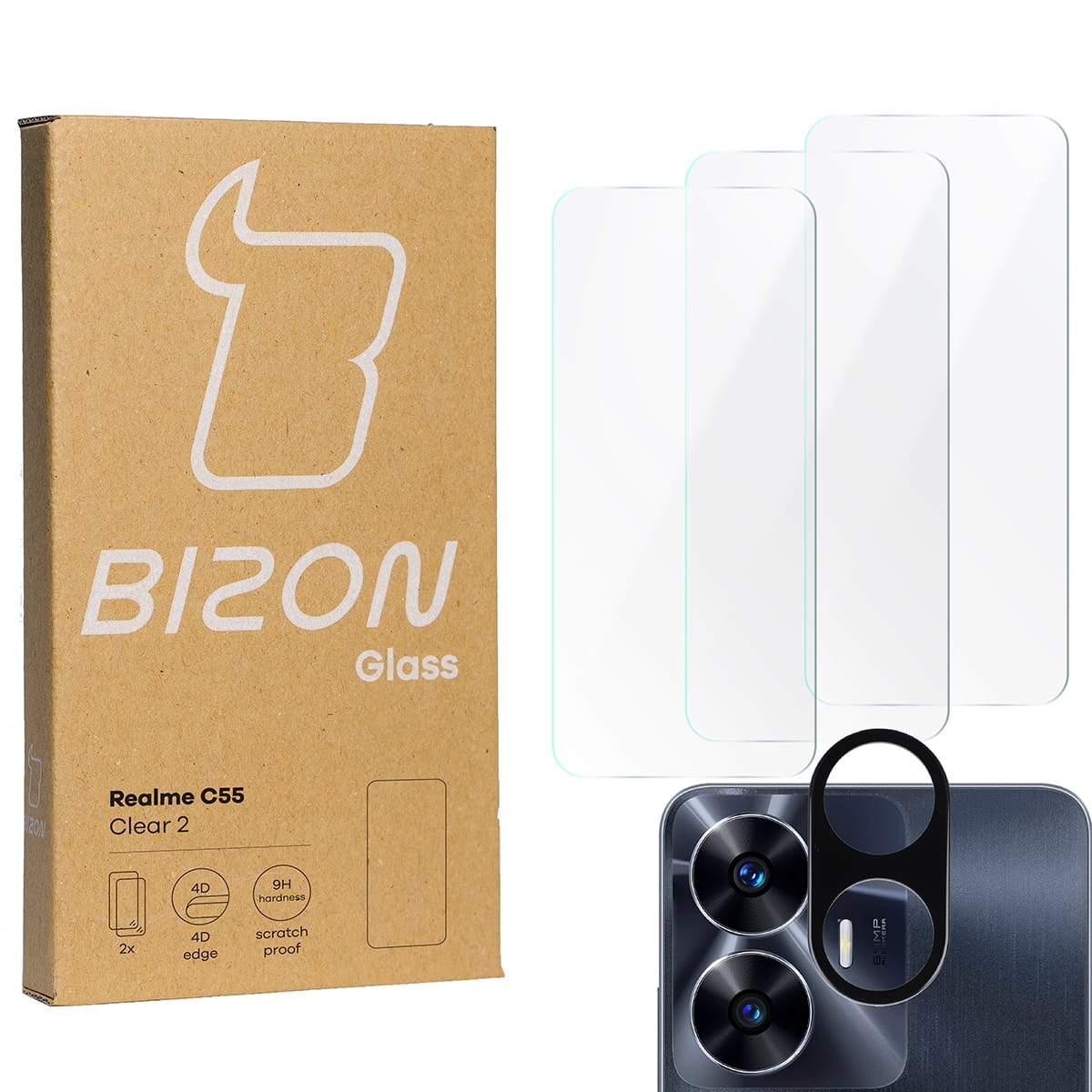 Image of 3x Szkło hartowane + szybka na aparat Bizon Glass Clear 2 Pack do Realme C55