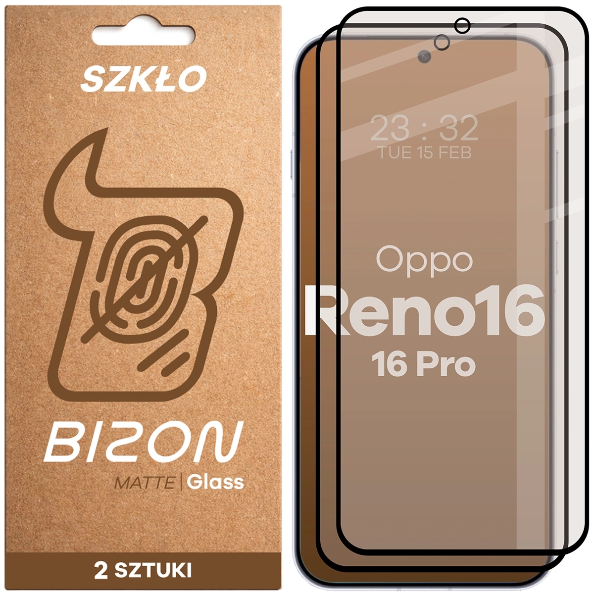 Matowe szkło hartowane Bizon Glass Matte Duo do OPPO Reno16 / Pro, czarna ramka, 2 sztuki
