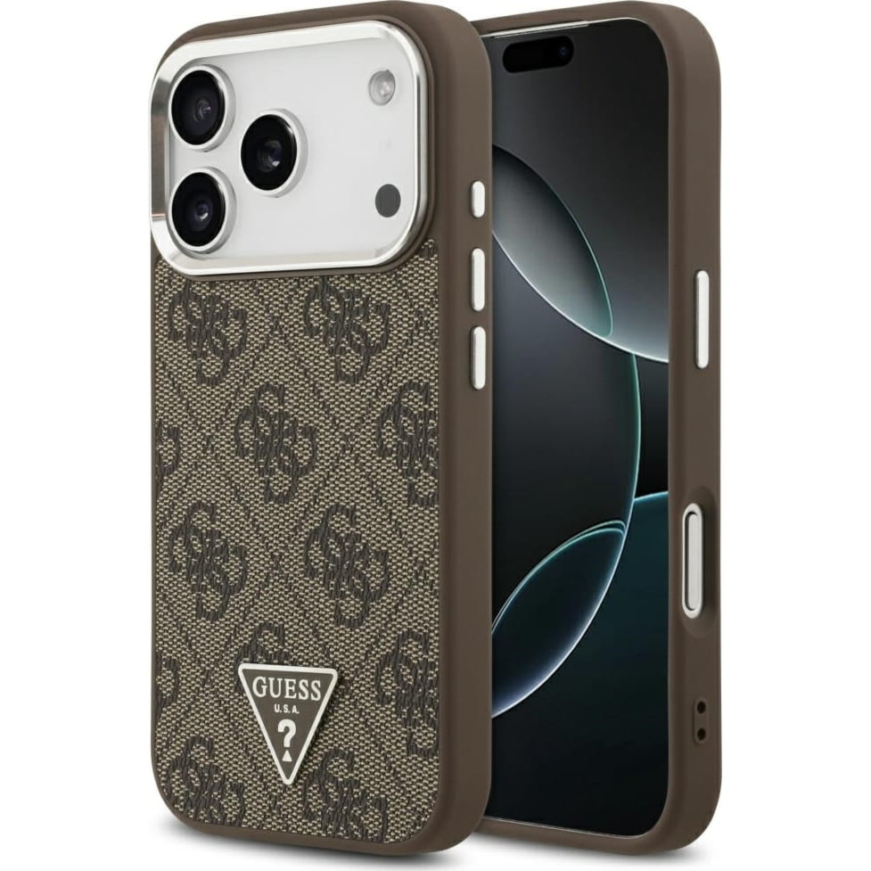 Etui Guess Hardcase Leather 4G Triangle Strass do iPhone 17 Pro, brązowe
