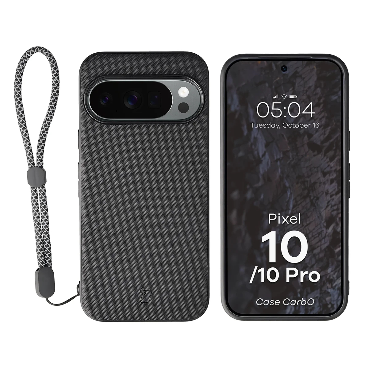Etui ze smyczką na nadgarstek i pierścieniem magnetycznym Bizon Case CarbO do Google Pixel 10 / 10 Pro, czarne