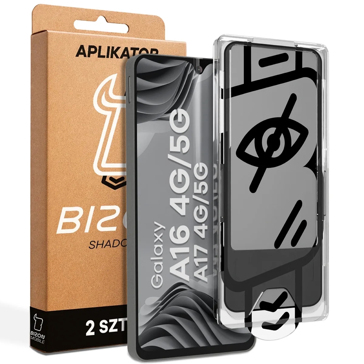 Szkło prywatyzujące z ramką aplikacyjną Bizon Glass Aplikator Shadow do Galaxy A16 / A17, 2 zestawy