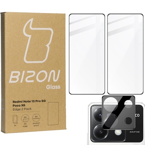 Image of 2x Szkło + szybka na aparat BIZON Edge 2 Pack do Xiaomi Poco X6 / Redmi Note 13 Pro 5G