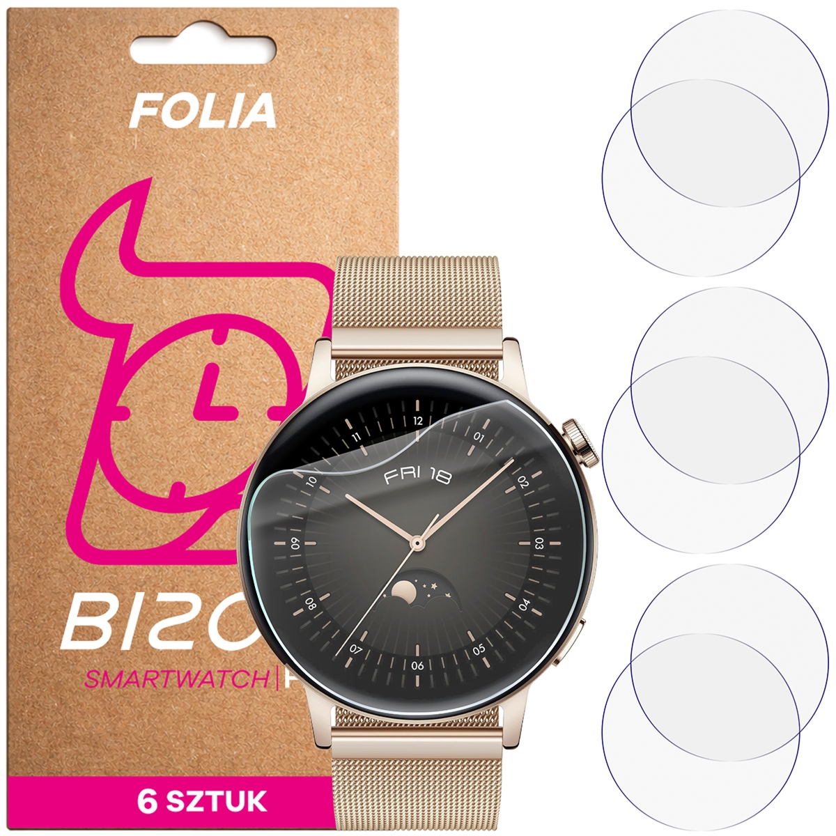 Folia ochronna na ekran zegarka Bizon Watch Film HydroFlex do Huawei Watch GT 3 42 mm Elegant, 6 sztuk