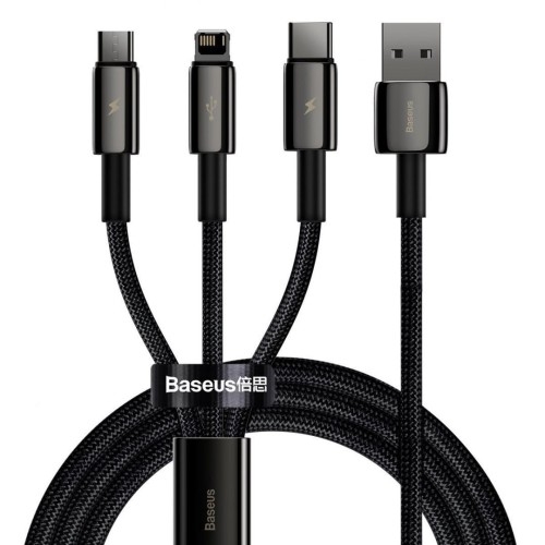 Image of Kabel Baseus Tungsten Gold 3w1 USB-A do USB-C / Lightning / MicroUSB 3.5A 1,5m, czarny